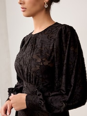 Black Floral Texture Long Sleeve Mini Dress - Image 4 of 6