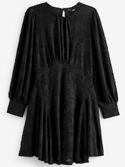 Black Floral Texture Long Sleeve Mini Dress - Image 5 of 6