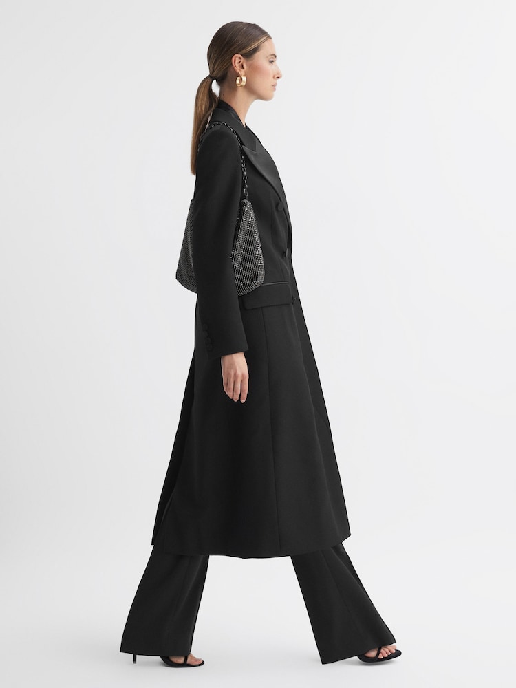 Reiss Black Maeve Relaxed Fit Wool Satin Double Breasted Coat - Image 1 of 5