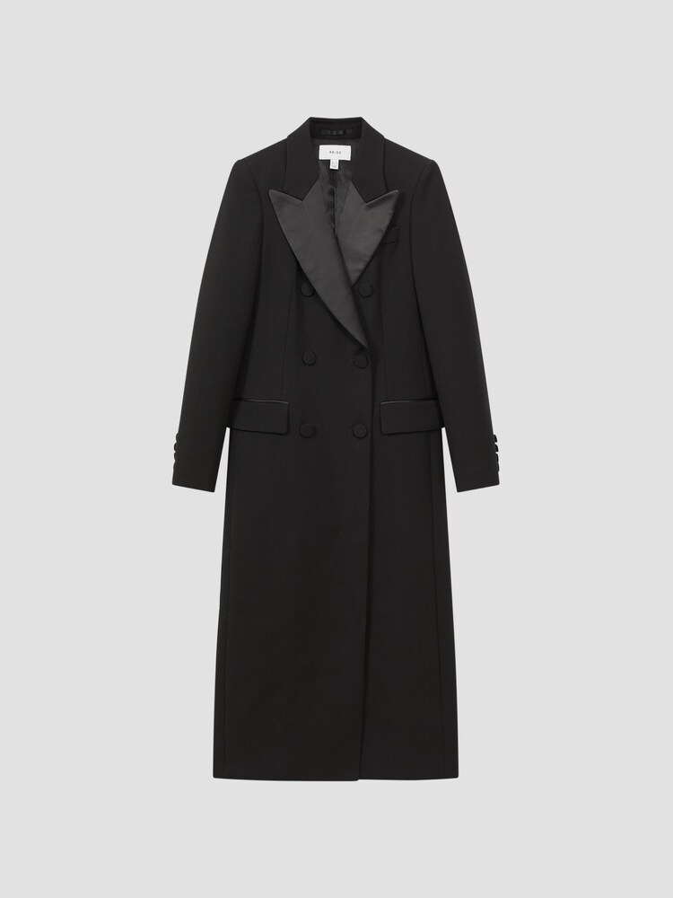 Reiss Black Maeve Relaxed Fit Wool Satin Double Breasted Coat - Image 2 of 5