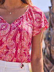 Sosandar Pink Paisley Print Ruffle Sleeve Tie Neck Top - Image 4 of 4