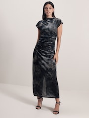 Grey Snake Print Sleeveless High Neck Ruched Midi Dress - Image 1 of 7