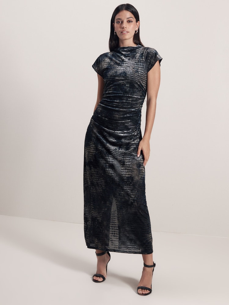 Grey Snake Print Sleeveless High Neck Ruched Midi Dress - Image 1 of 7