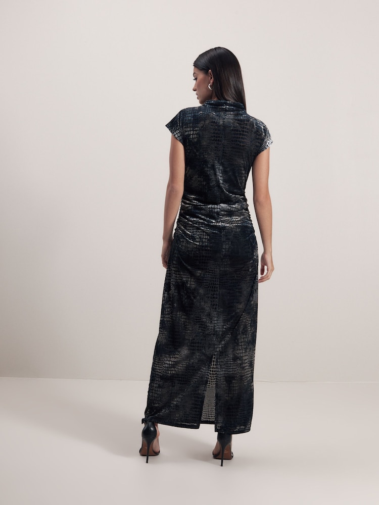 Grey Snake Print Sleeveless High Neck Ruched Midi Dress - Image 2 of 7