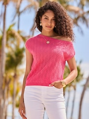 Sosandar Pink Off The Shoulder Pointelle Knit Top - Image 1 of 4