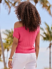 Sosandar Pink Off The Shoulder Pointelle Knit Top - Image 3 of 4