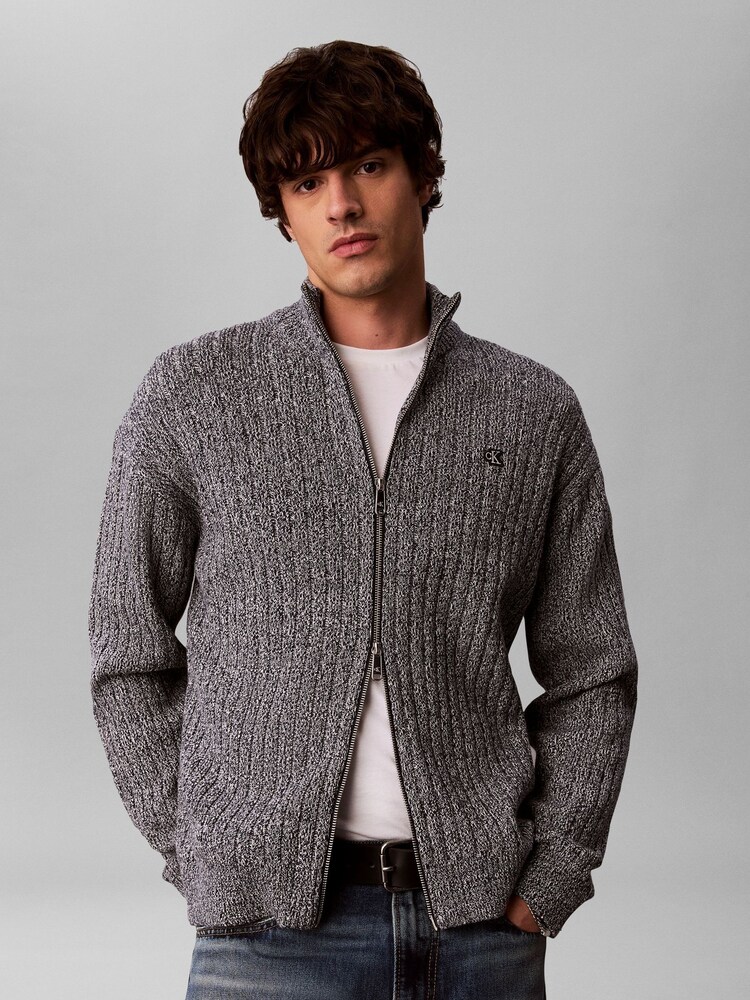Calvin Klein Grey Heathered Cotton Zip Cardigan - Image 1 of 7 Calvin Klein Grey Heathered Cotton Zip Cardigan - Image 1 of 7