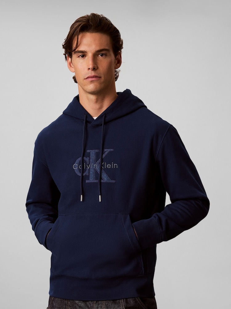 Calvin Klein Blue Premium Terry Denim Logo Hoodie - Image 1 of 6 Calvin Klein Blue Premium Terry Denim Logo Hoodie - Image 1 of 6
