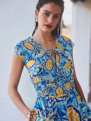 Blue/Yellow Leaf Print Tie Front Short Sleeve Maxi Dress - Image 3 of 6