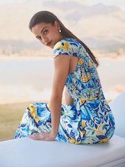 Blue/Yellow Leaf Print Tie Front Short Sleeve Maxi Dress - Image 4 of 6