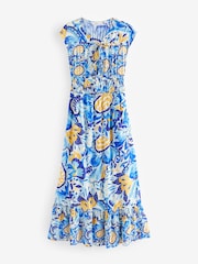 Blue/Yellow Leaf Print Tie Front Short Sleeve Maxi Dress - Image 5 of 6
