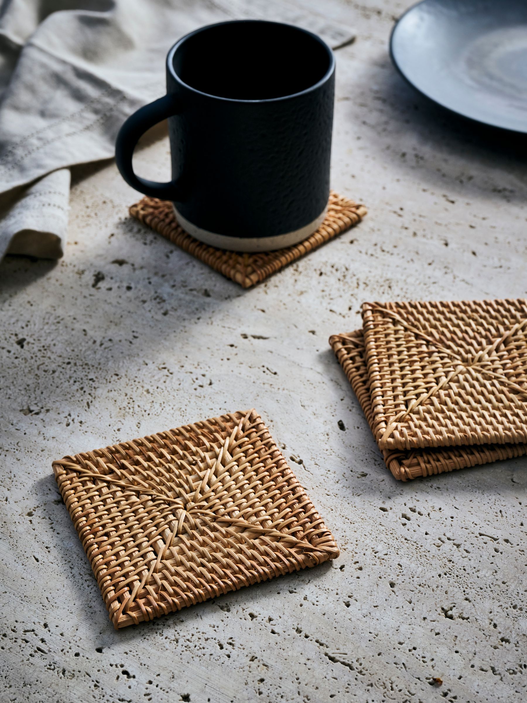 French Connection Natural Rattan Hand Woven Set of 4 Coasters