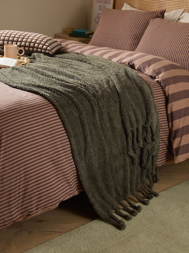 Furn Olive Harlan Borg Sherpa Tasselled Throw - Image 1 of 3