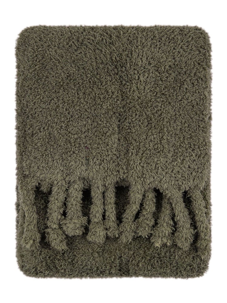 Furn Olive Harlan Borg Sherpa Tasselled Throw - Image 2 of 3