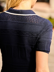 Sosandar Blue Trim Tipped Collar Fit & Flare Knit Dress - Image 5 of 5