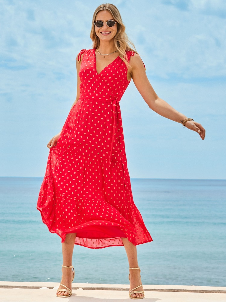 Sosandar Red Petite Metallic Fleck Print Wrap Dress - Image 1 of 5 Sosandar Red Petite Metallic Fleck Print Wrap Dress - Image 1 of 5
