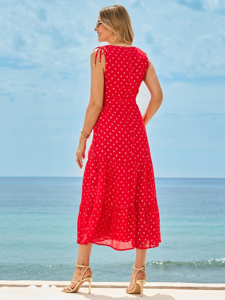 Sosandar Red Petite Metallic Fleck Print Wrap Dress - Image 2 of 5 Sosandar Red Petite Metallic Fleck Print Wrap Dress - Image 2 of 5