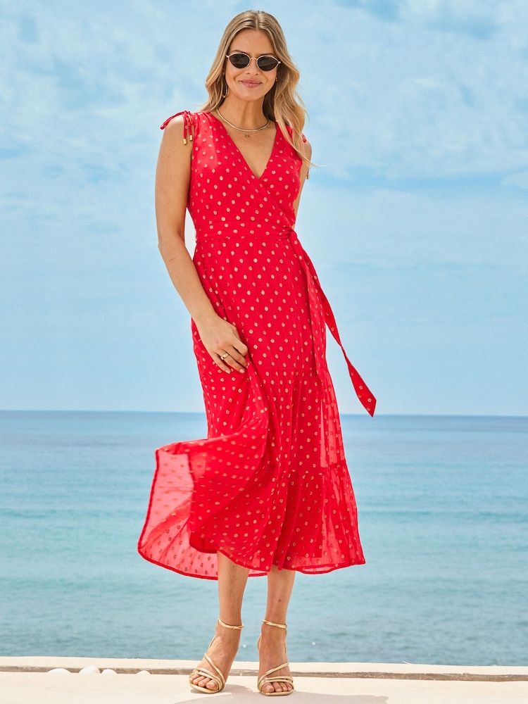 Sosandar Red Petite Metallic Fleck Print Wrap Dress - Image 5 of 5 Sosandar Red Petite Metallic Fleck Print Wrap Dress - Image 5 of 5