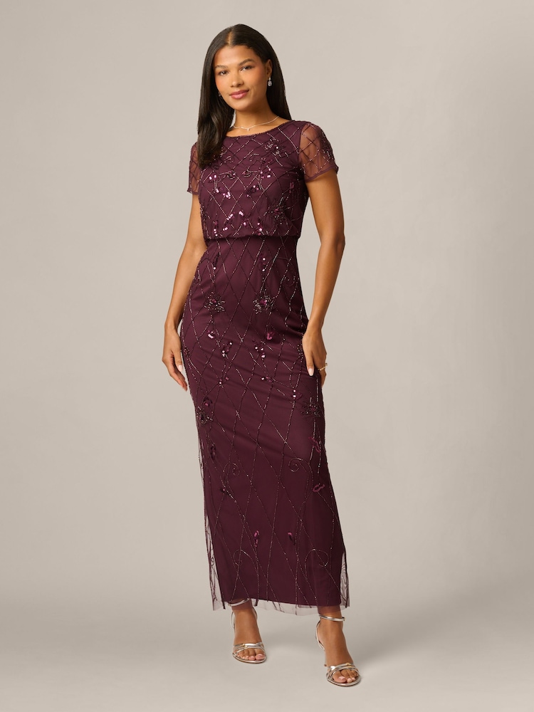 Adrianna Papell Purple Bead Blouson Long Dress - Image 1 of 6 Adrianna Papell Purple Bead Blouson Long Dress - Image 1 of 6