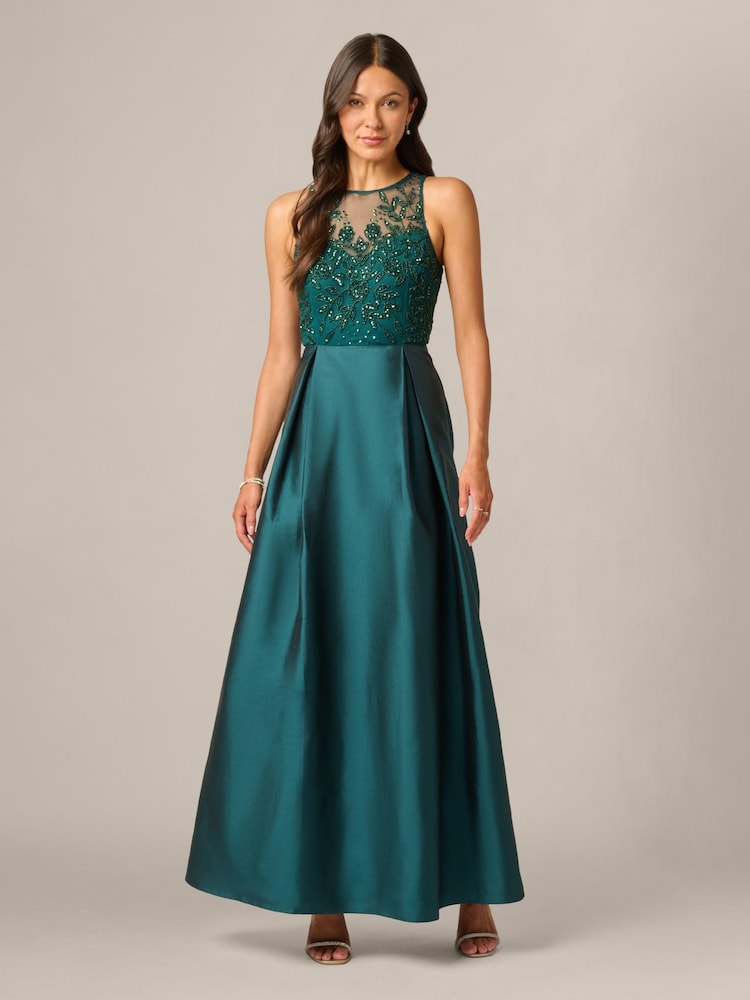 Adrianna Papell Green Studio Bead Combo Taffeta Long Dress - Image 1 of 5 Adrianna Papell Green Studio Bead Combo Taffeta Long Dress - Image 1 of 5