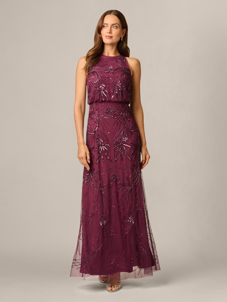 Adrianna Papell Purple Bead Blouson Long Dress - Image 1 of 6 Adrianna Papell Purple Bead Blouson Long Dress - Image 1 of 6