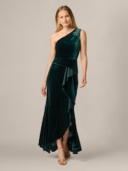 Adrianna Papell Green Studio One Shoulder Velvet Dress - Image 1 of 6