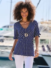 Sosandar Blue Polka Dot Print Ring Detail Top - Image 1 of 5