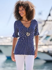 Sosandar Blue Polka Dot Print Ring Detail Top - Image 5 of 5