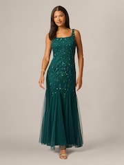 Adrianna Papell Green Studio Bead Mesh Long Dress - Image 1 of 6