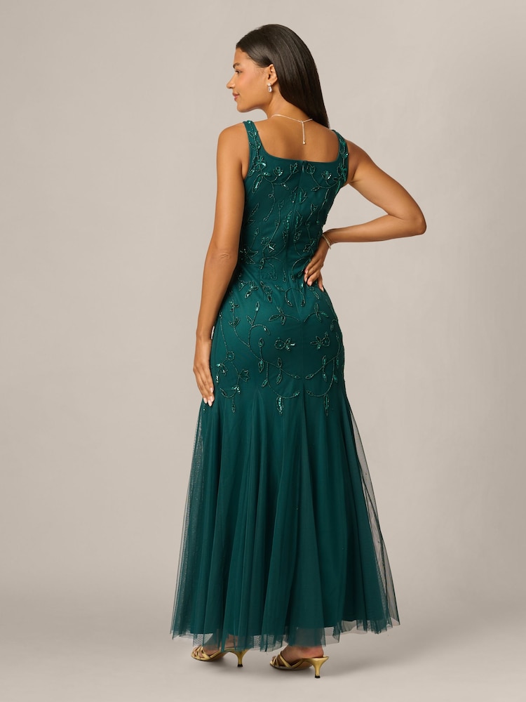 Adrianna Papell Green Studio Bead Mesh Long Dress - Image 2 of 6 Adrianna Papell Green Studio Bead Mesh Long Dress - Image 2 of 6