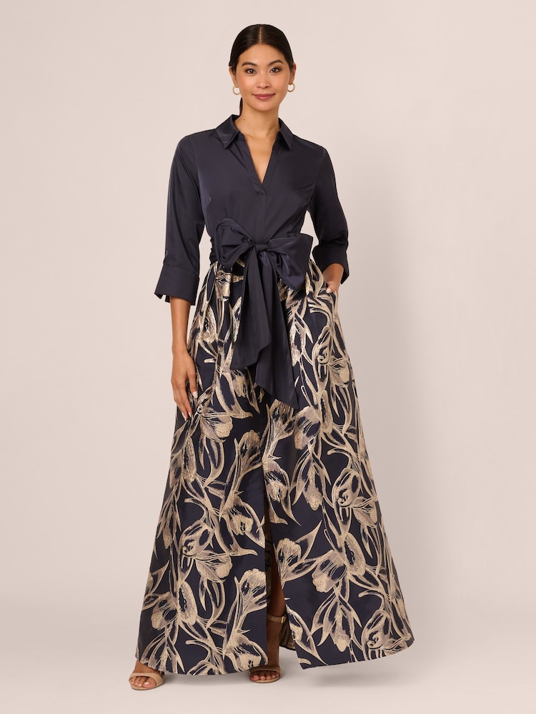 Adrianna Papell Blue Studio Shirt Jacquard Long Dress - Image 1 of 6 Adrianna Papell Blue Studio Shirt Jacquard Long Dress - Image 1 of 6