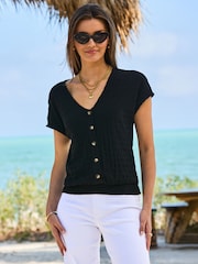 Sosandar Black Shirred Hem Flutter Sleeve Top - Image 4 of 5