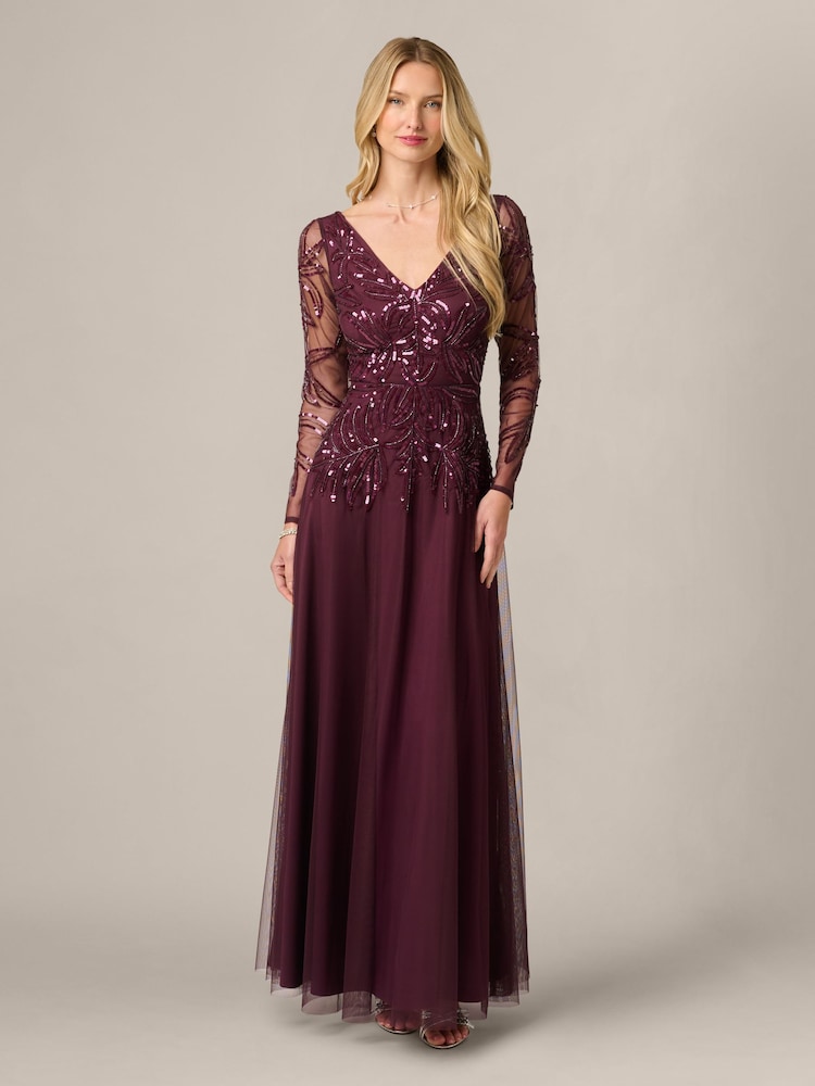 Adrianna Papell Purple Studio Beaded V-Neck Long Dress - Image 1 of 6 Adrianna Papell Purple Studio Beaded V-Neck Long Dress - Image 1 of 6