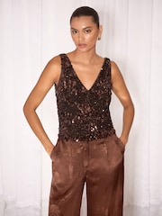 Lipsy Chocolate Brown Sequin V-Neck Vest - Image 1 of 5