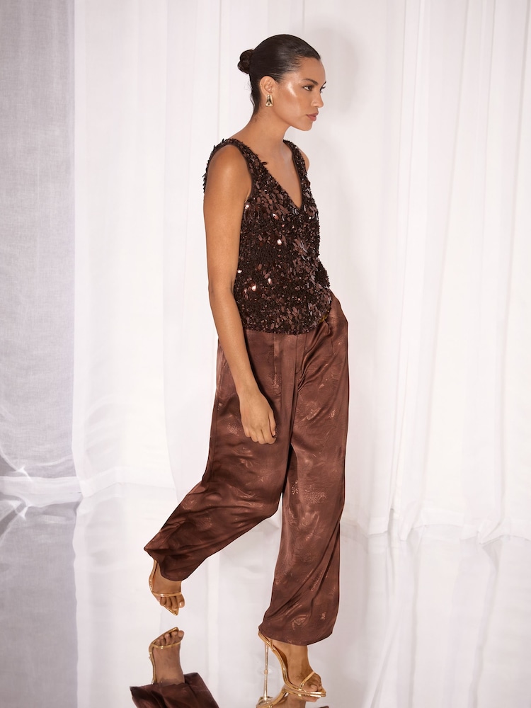 Lipsy Chocolate Brown Sequin V-Neck Vest - Image 2 of 5