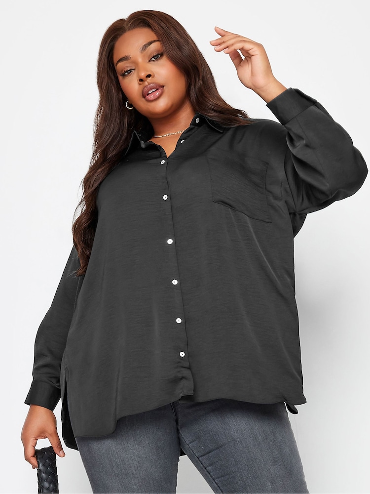 Yours Curve Black Cuffed Sleeve 100% Cotton Shirt - Image 1 of 4