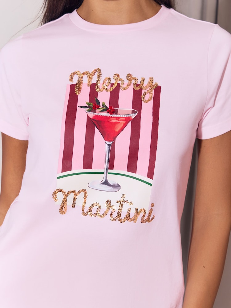 Lipsy Pink Merry Martini Christmas Embellished Crew Neck T-Shirt - Image 2 of 4