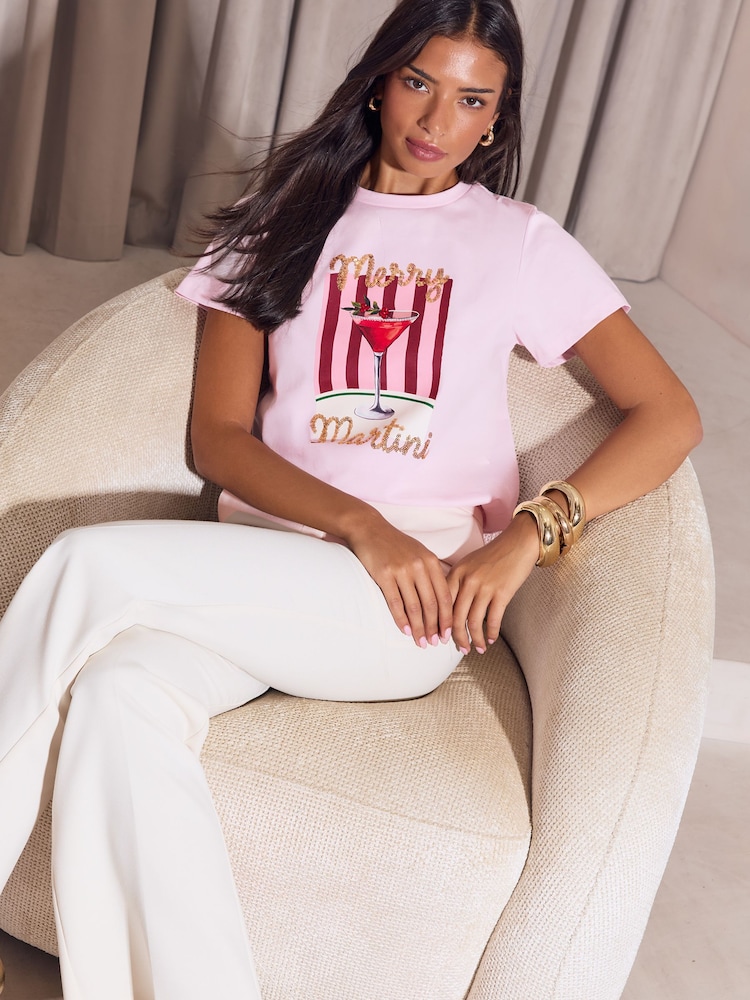 Lipsy Pink Merry Martini Christmas Embellished Crew Neck T-Shirt - Image 4 of 4