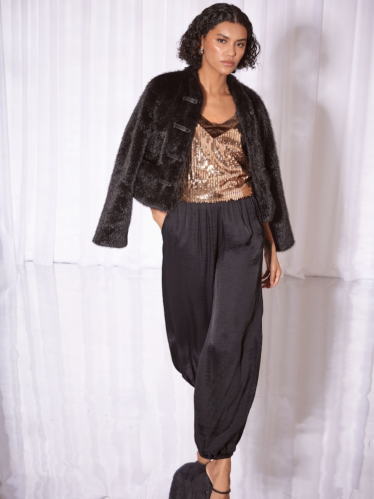 Lipsy Bronze Sequin Velvet Tipped Vest Top - Image 5 of 5