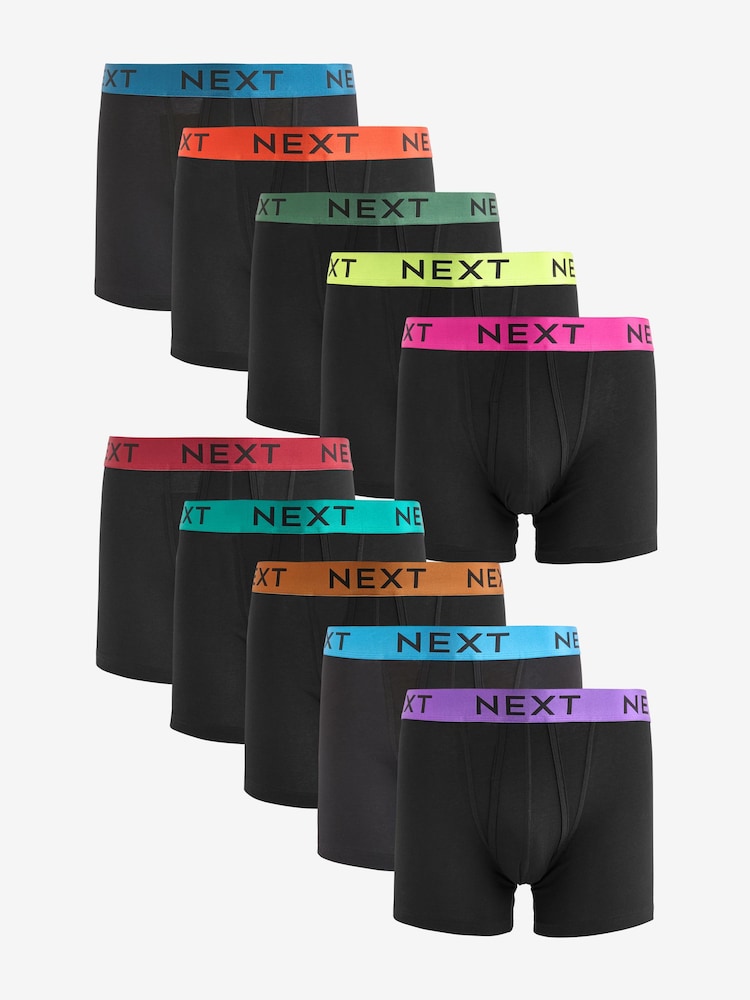 Black Bright Colour Metallic Waistband 10 pack A-Front Boxers - Image 1 of 13