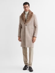 Reiss Oatmeal Jackie Wool Check Faux Fur Lapel Coat - Image 1 of 5