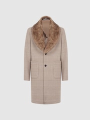 Reiss Oatmeal Jackie Wool Check Faux Fur Lapel Coat - Image 2 of 5