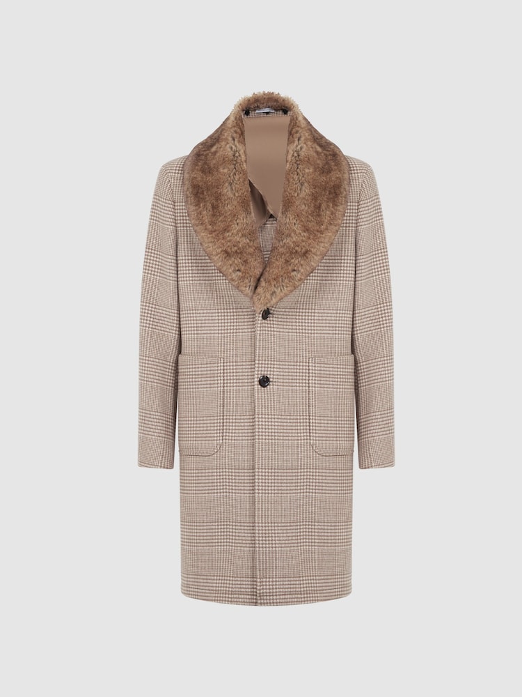 Reiss Oatmeal Jackie Wool Check Faux Fur Lapel Coat - Image 2 of 5