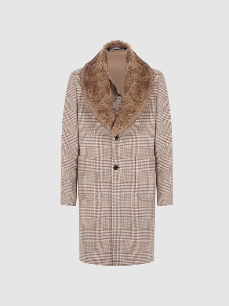 Reiss Oatmeal Jackie Wool Check Faux Fur Lapel Coat - Image 2 of 5 Reiss Oatmeal Jackie Wool Check Faux Fur Lapel Coat - Image 2 of 5