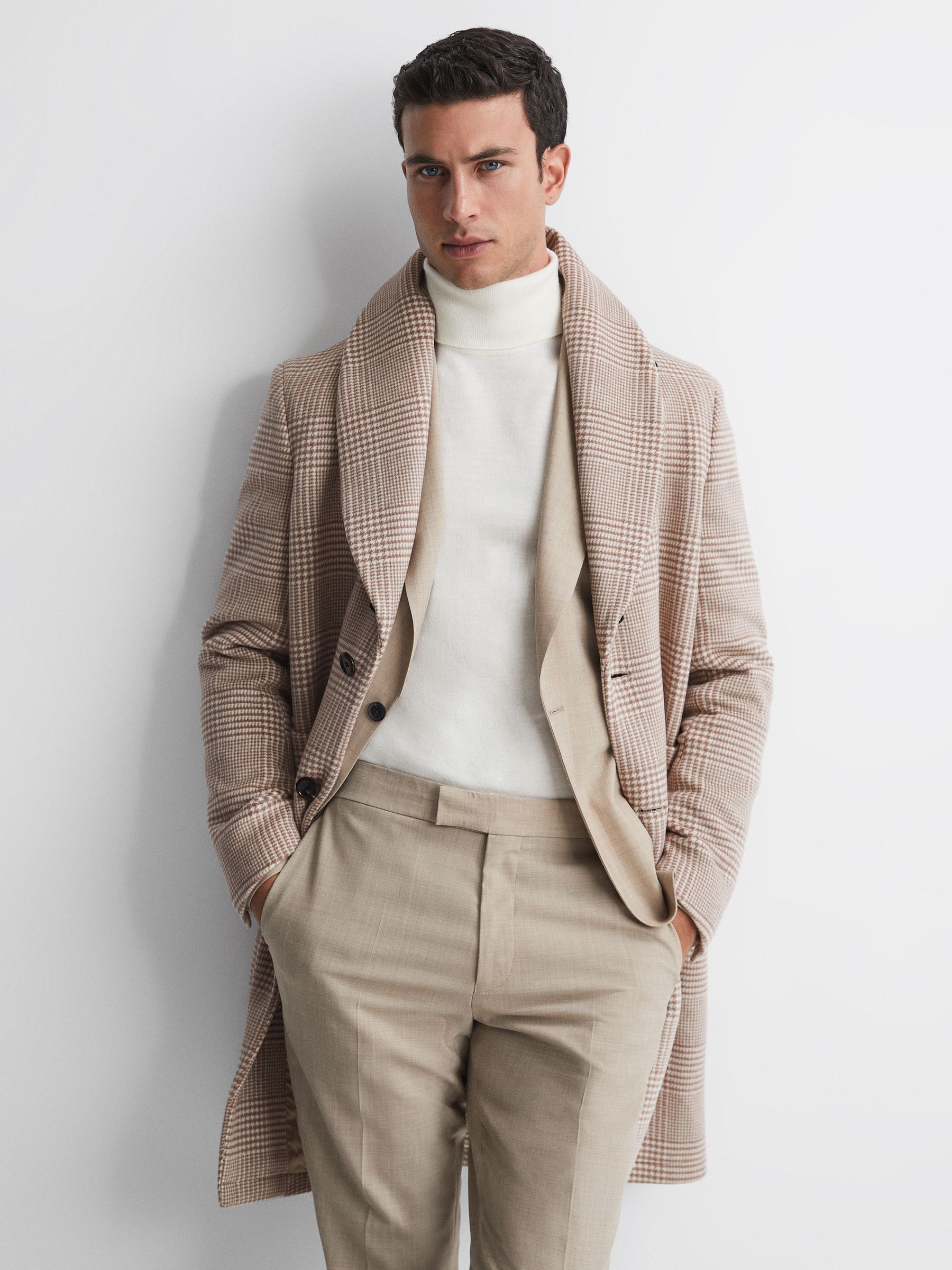 Buy Reiss Oatmeal Jackie Wool Check Faux Fur Lapel Coat from Next Luxembourg
