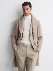 Reiss Oatmeal Jackie Wool Check Faux Fur Lapel Coat - Image 3 of 5