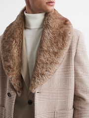 Reiss Oatmeal Jackie Wool Check Faux Fur Lapel Coat - Image 5 of 5