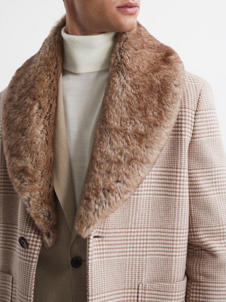 Reiss Oatmeal Jackie Wool Check Faux Fur Lapel Coat - Image 5 of 5
