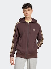 بني - adidas 100% Cotton Essentials French Terry 3-Stripes Zip-Up Hoodie - صورة 1 من 4