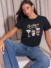 Lipsy Black Cocktail Club Christmas Embellished Crew Neck T-Shirt - Image 1 of 5